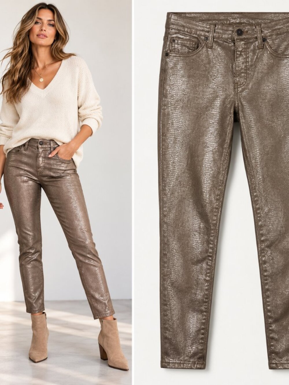 Chico’s Metallic Bronze Coated Skinny Jeans 0.5R US 6 Shimmer Stretch Y2K